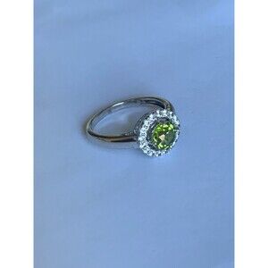 Peridot Halo Ring Size 7 White Topaz Rhodium Plated .925 Sterling Silver